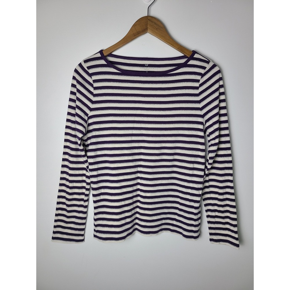 Talbots LG Petite Pima Cotton Striped Long Sleeve Top Purple White Silver Casual